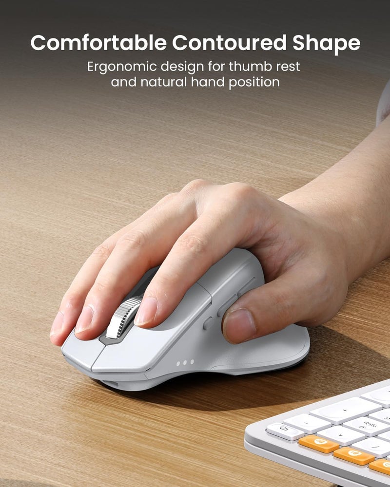 ProtoArc Ergonomic Wireless Keyboard Mouse, EKM01 Plus Full Size Ergo Bluetooth Keyboard Mouse Combo, Split Design, Wrist Rest, Multi-Device, Rechargeable, for Windows/Mac OS - White and Silver - Image 5